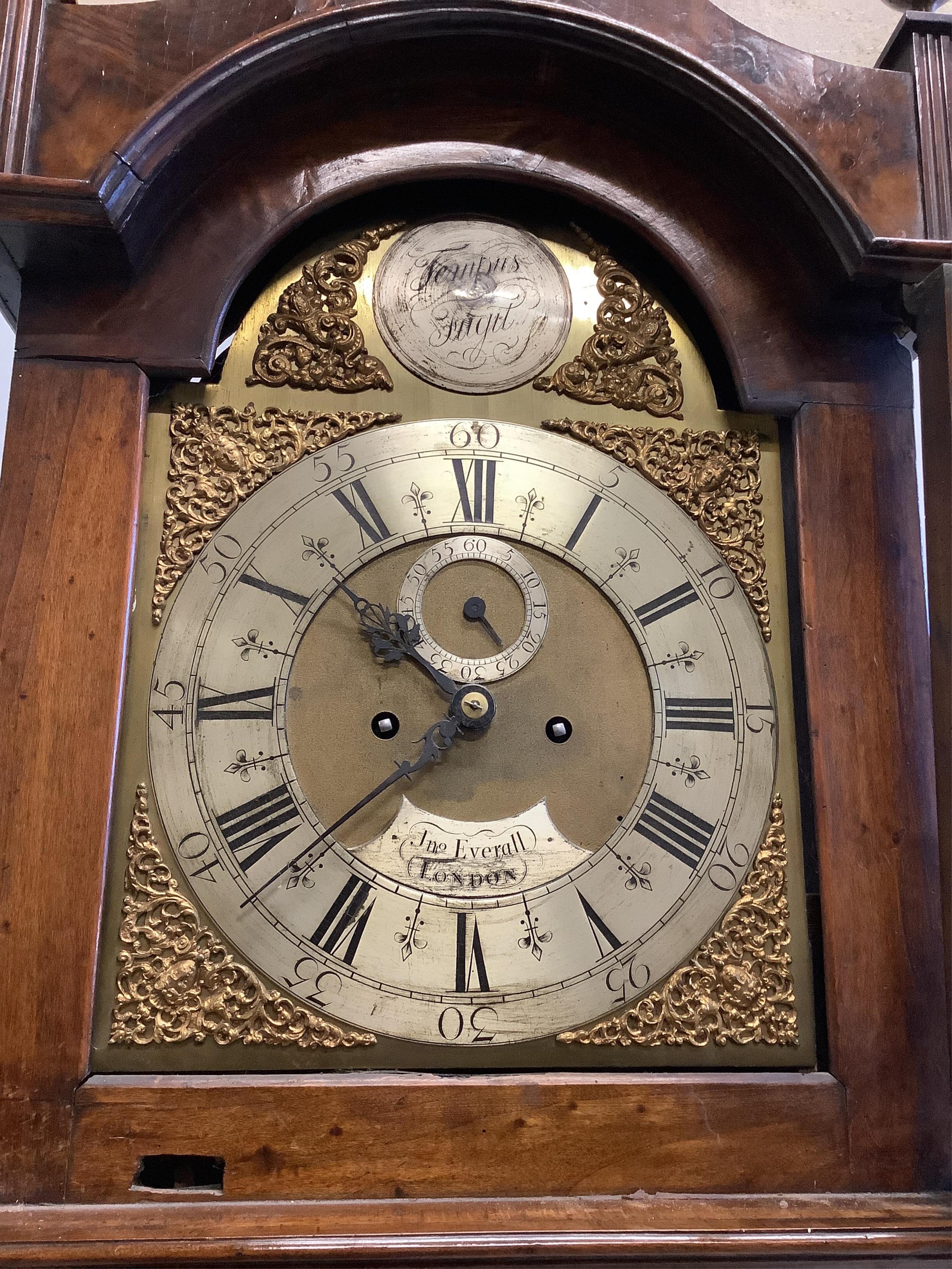 Jno. Everall of London. An 18th century walnut eight day longcase clock, height 226cm. Condition - fair